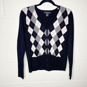 Marina Luna 100% Merino Womens Black Argyle Cardigan Sweater SZ PL
